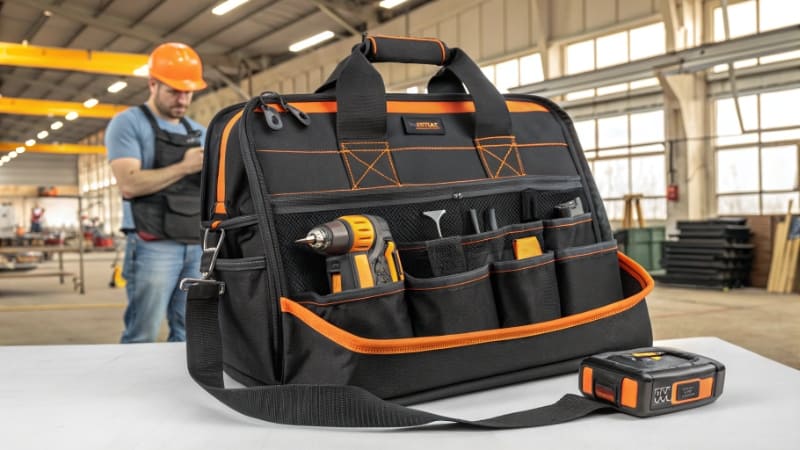 reinforced stitching and steel rivets on tool bag